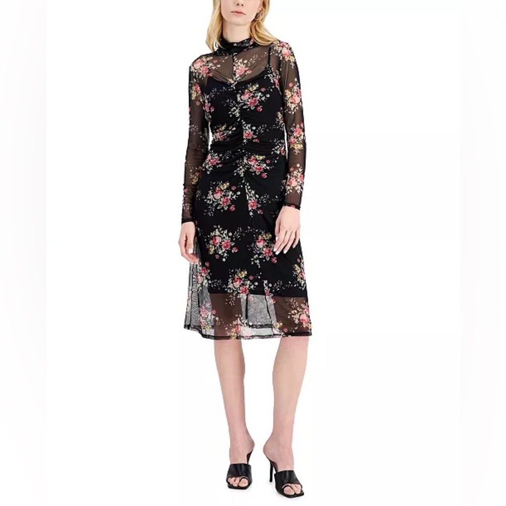 EUC Inc International Concepts Floral-Print Mock-Neck Ruched Mesh Dress Size PP